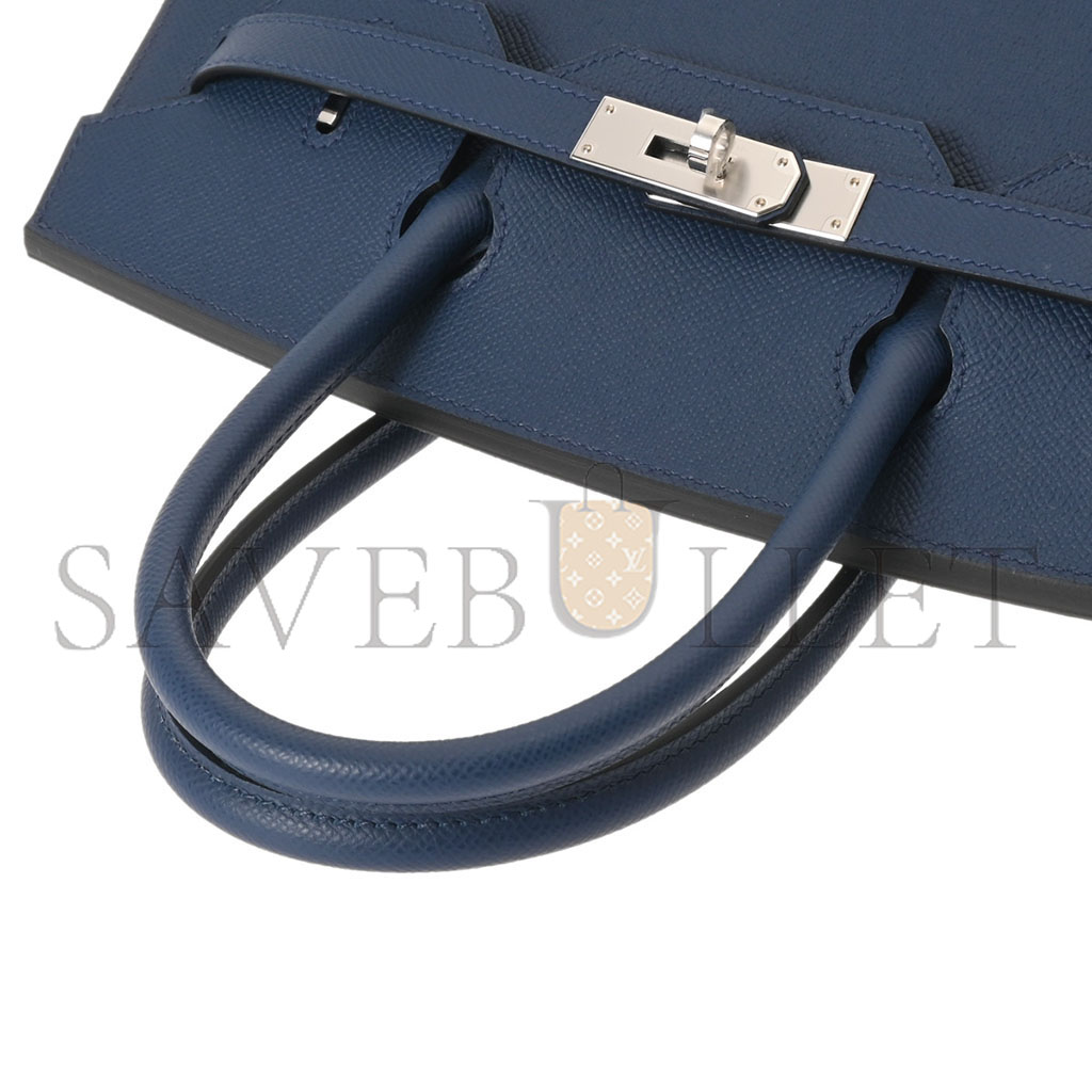 H**mes master birkin 30 epsom leather duck blue silver buckle platinum bag 614760 (30*23*15cm)
